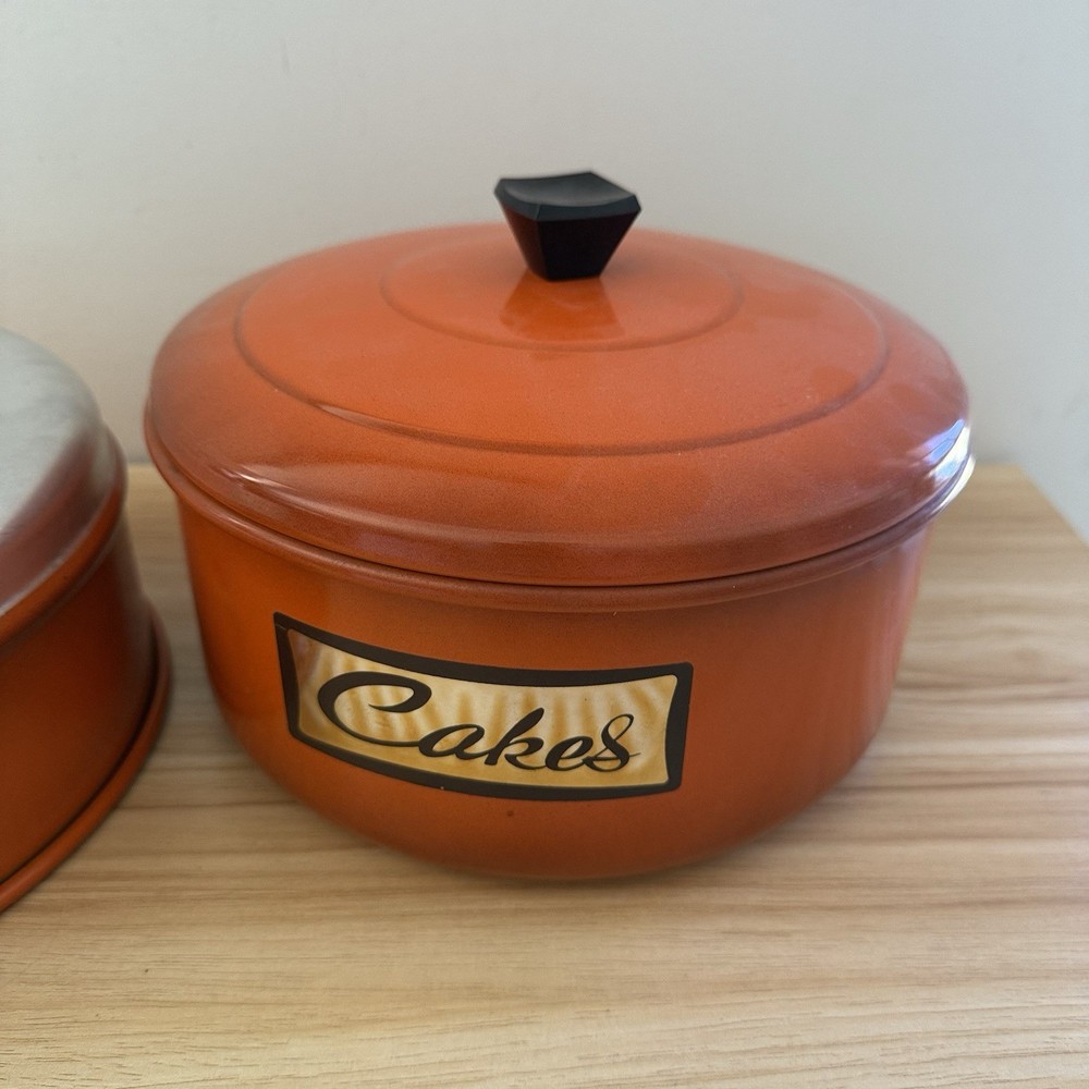 Vintage Retro Aluminium Cake Biscuit Tin Canister Stackable Orange