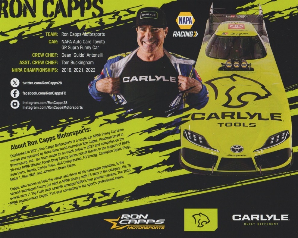 2025 Ron Capps Carlyle Tools Toyota Supra Funny Car Gainesville NHRA Hero Card
