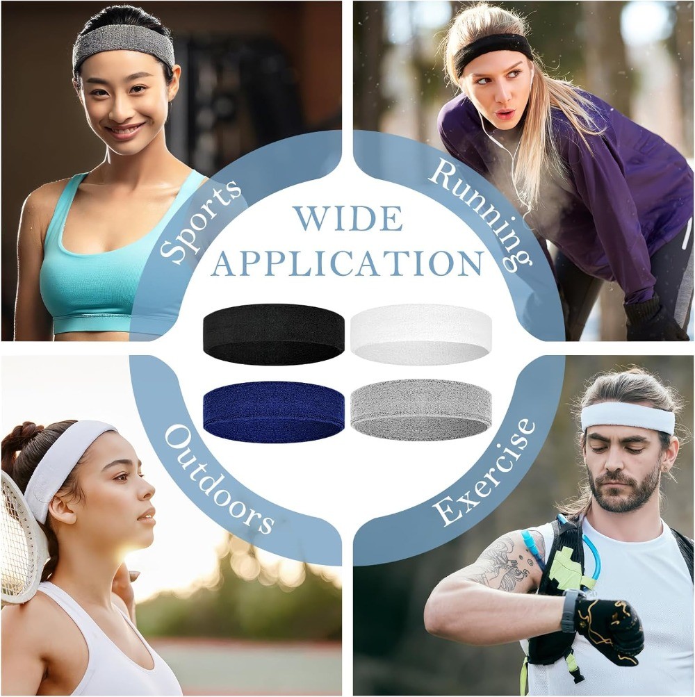 4 Pack Sports Headbands for Men & Women, Moisture Wicking Workout Sweatbands