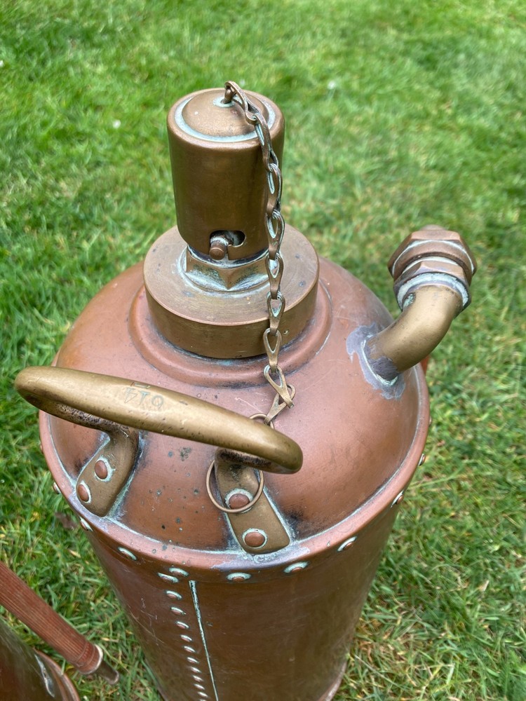 ANTIQUE BRASS & COPPER RIVETED FIRE EXTINGUISHERS possibly marine ,rare , empty