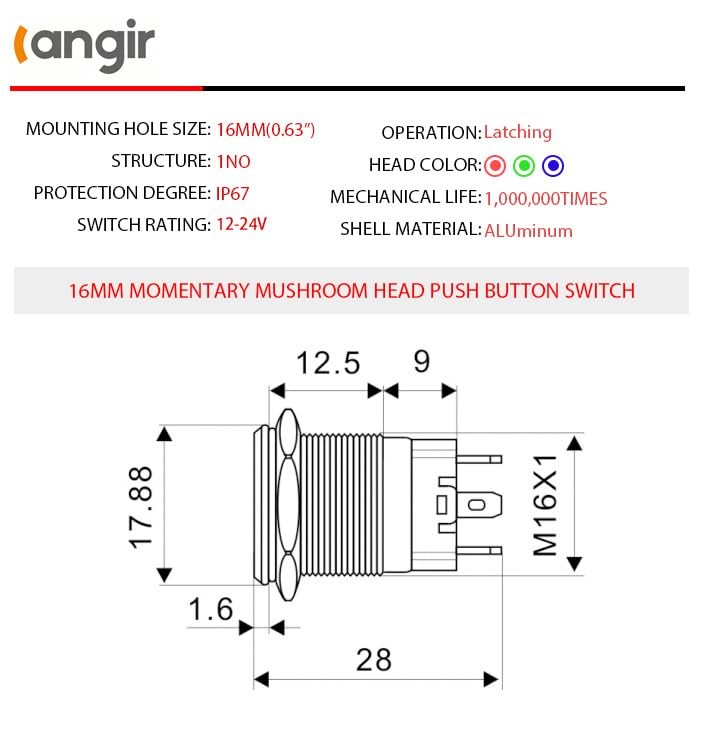 15Amp Push Button Switch，(0.63") 12V-24V Latching Push Button Switch 16mm Blue