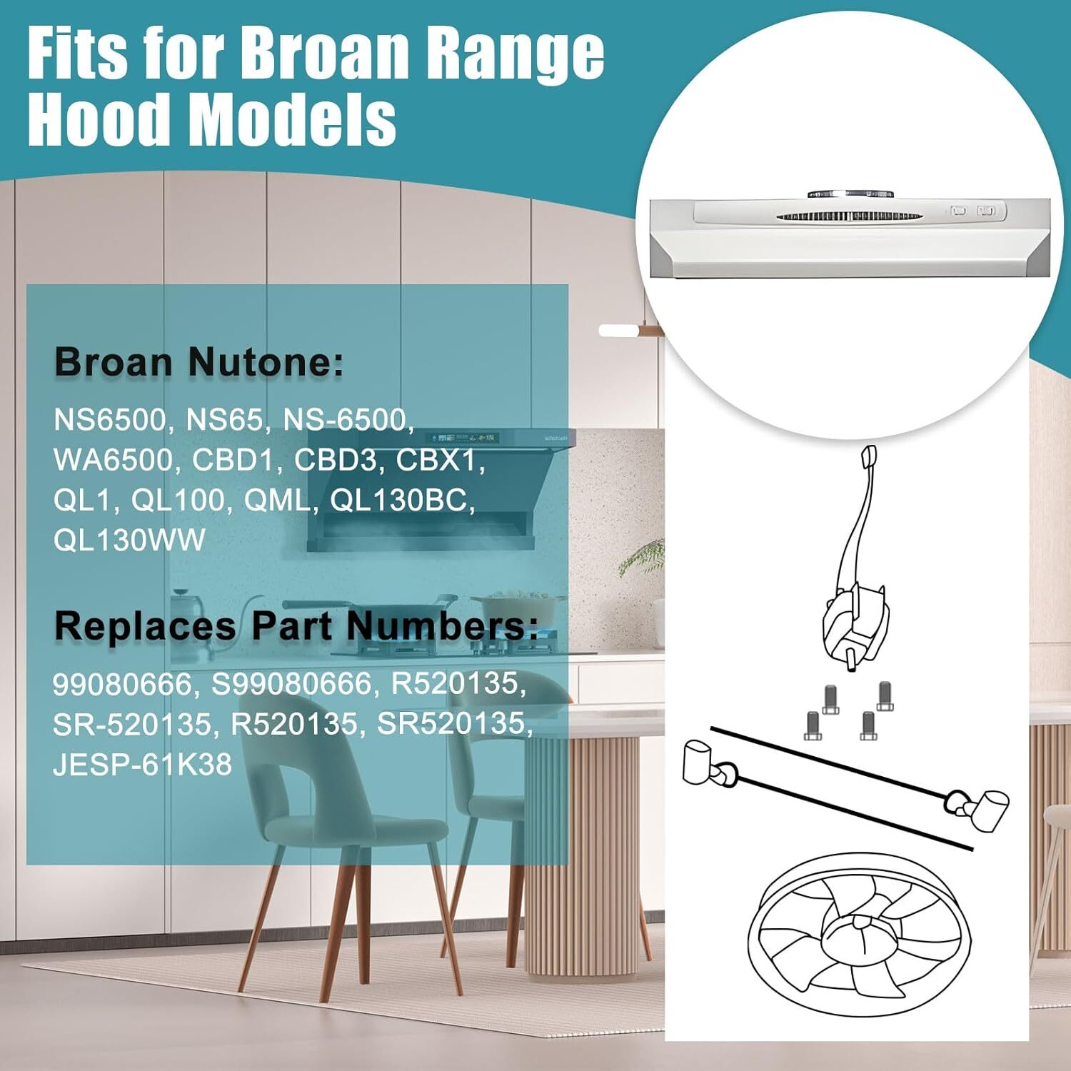 99080666, R520135, JESP-61K38 Range Hood Fan Motor for Broan NS65,CBD1,CBD3,CBX1