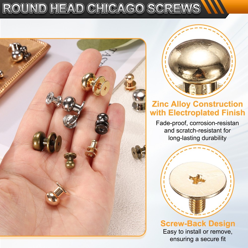 20Set Round Head Button Stud Screw 12mm Chicago Screws Button Rivets Gold