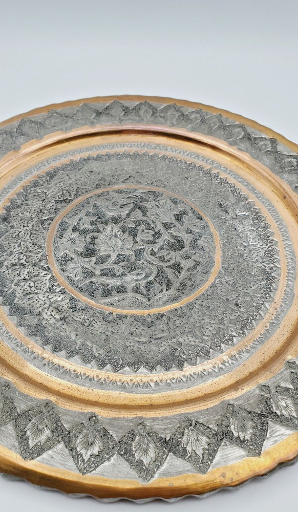 Vintage Silver Tone & Copper Middle Eastern Engraved 12" Tray, Wall Decor