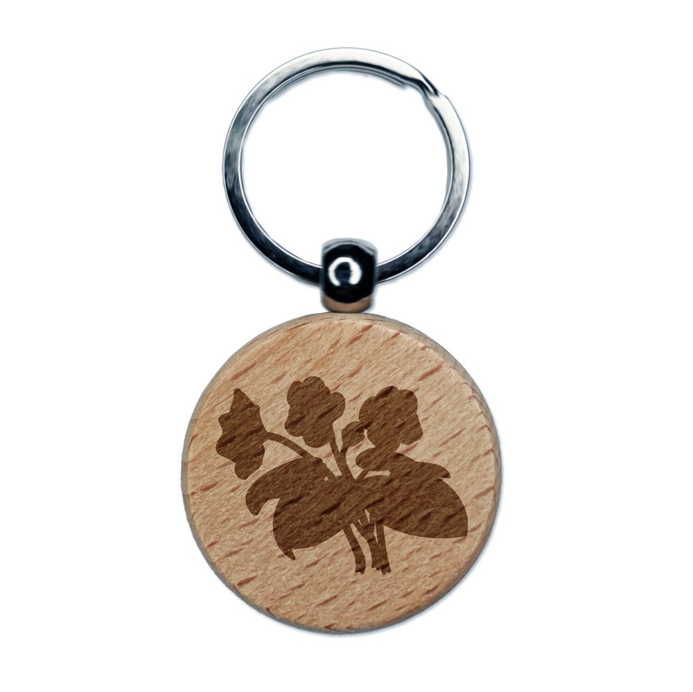 Violets Flowers Solid Engraved Wood Round Keychain Tag Charm