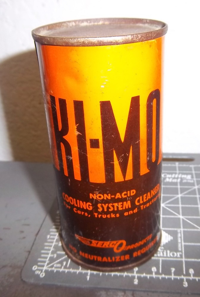 vintage Ki-Mo Cooling system cleaner tin, unopened & full, great graphics