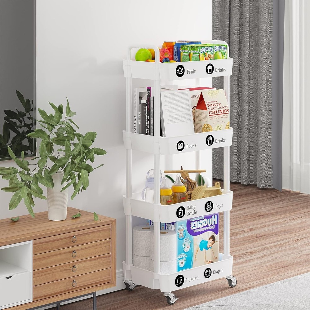 4-Tier Mobile Storage Cart with Lockable Wheels – Versatile Organizer in White