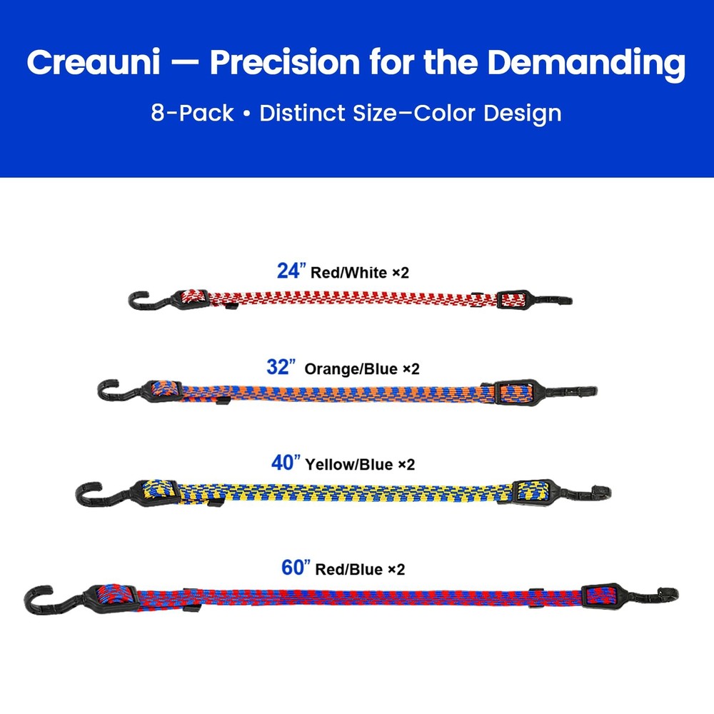 Flat Adjustable Bungee Cords with Hooks — Dual-End Adjustable for Flexible Us...