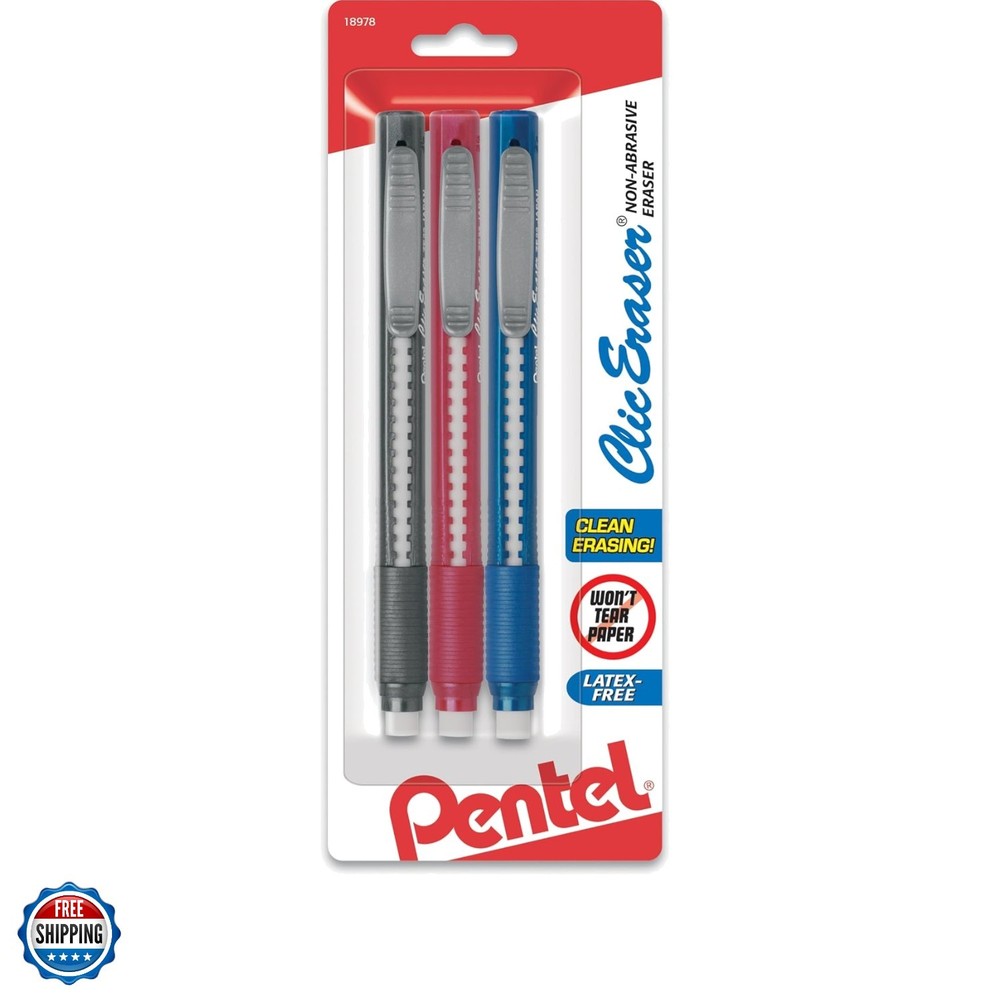 Clic Retractable Eraser with Grip, 3 Pack