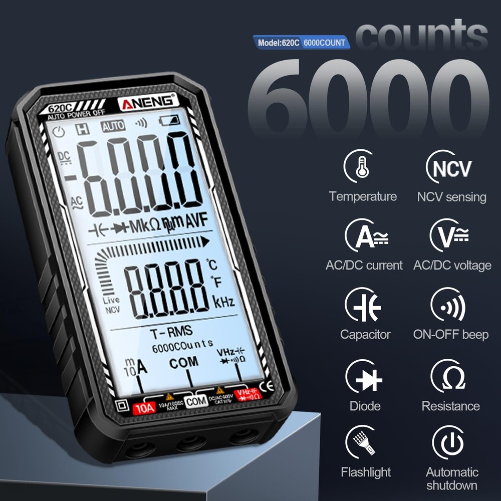 Digital Multimeter Tester, Smart 6000 Counts 620C, Black