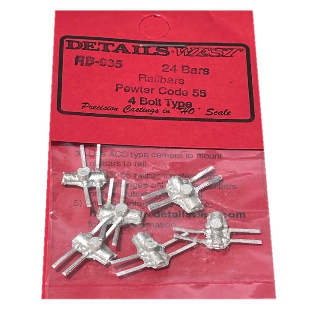 Details West RB-935 Railbars Code 55 4 Bolt - Pewter (24) HO Scale