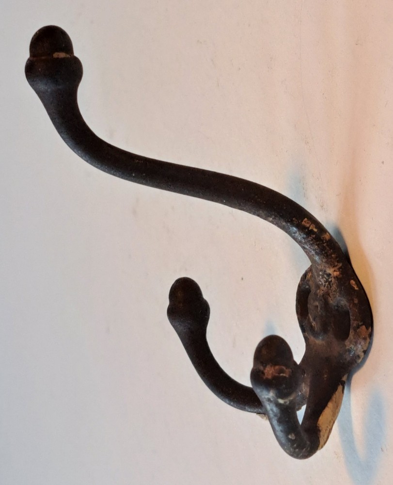 Antique Primitive Triple Hook Coat Hanger Acorn Tips Rustic Iron