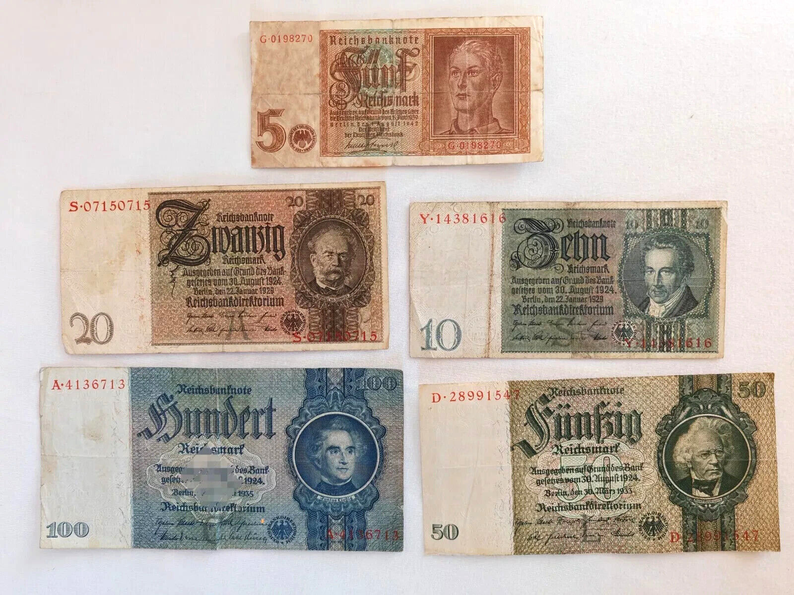 Set of (5 to 100) 5 Genuine German Reichsmark Banknote 1929-1935