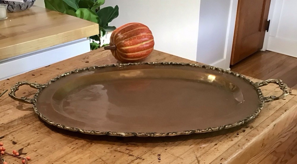 Antique Large Solid Copper Tray with Brass Handles Fall Decorating