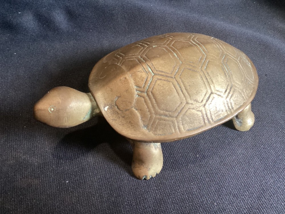 Vintage Solid Brass Turtle Tortoise Figurine Desk Trinket Box Signed