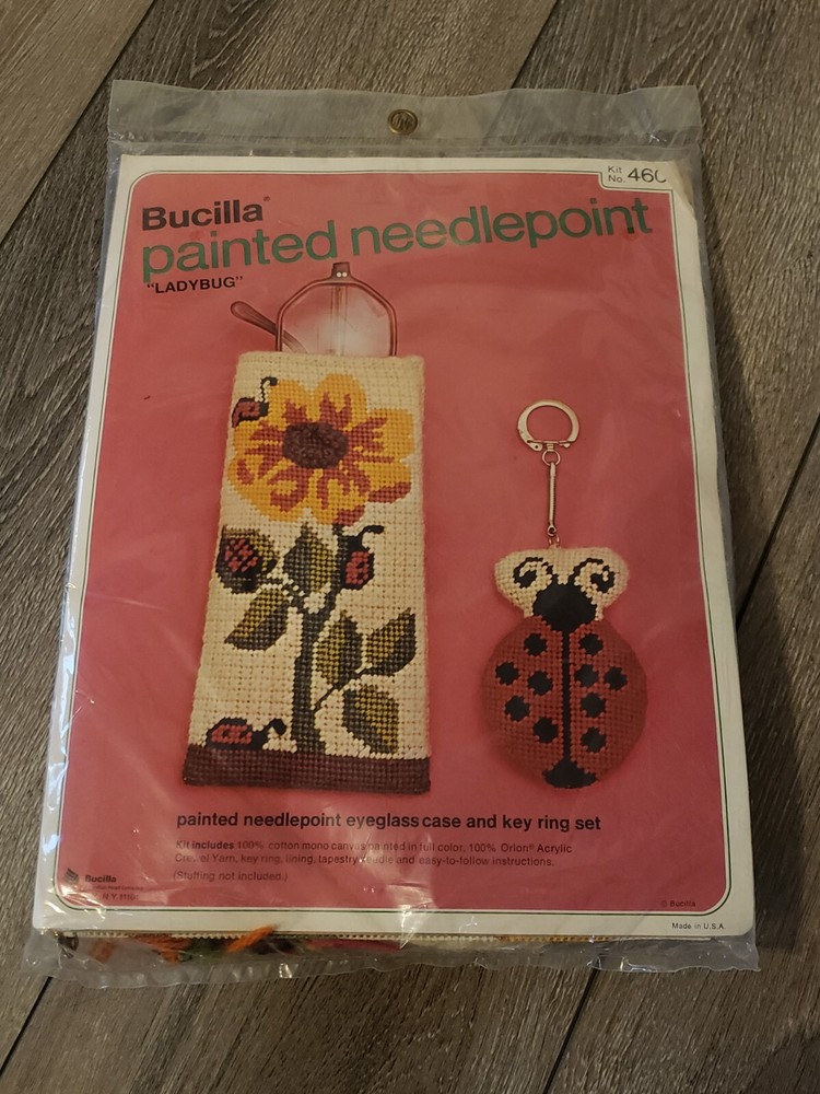 Vintage Bucilla Painted Needlepoint 4604 Ladybug Eyeglass Case & Key Ring Kit