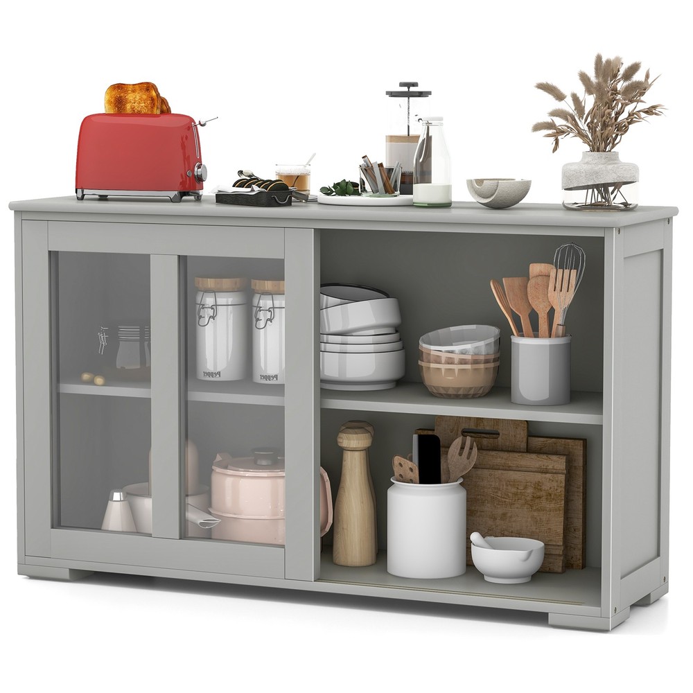 2PCS 2-Door Stackable Buffet Sideboard  w/ Sliding Tempered Glass Doors Gray