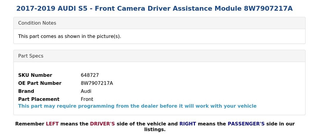 2017-2019 AUDI S5 - Front Camera Driver Assistance Module 8W7907217A