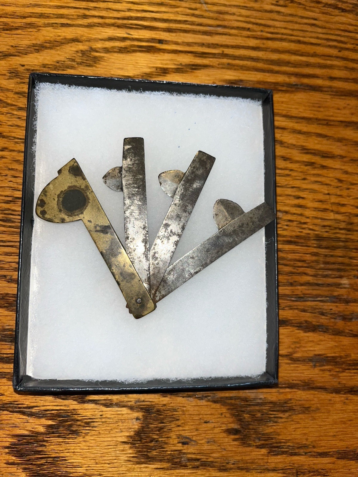 Antique 3 Blade Bloodletting Fleam In Display Box, Glass Top