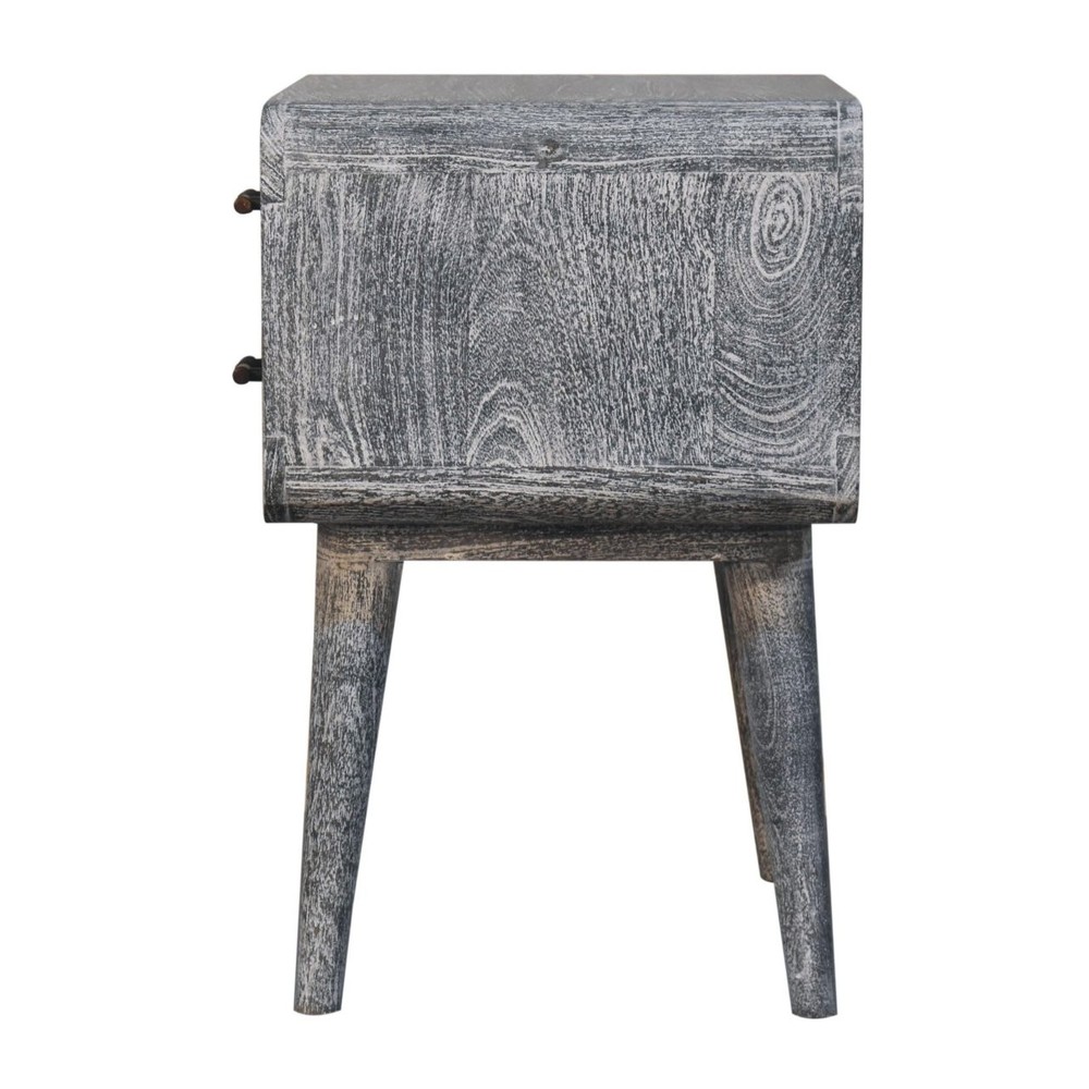 Solid Wood Sandblasted Ash Curved Bedside, 2-Drawers, Gray,Solid mango wood