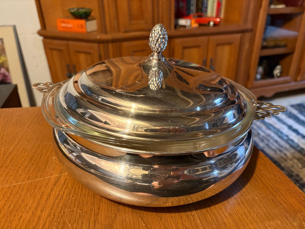 Vintage Sheffield Silver Company Silverplate Casserole Dish With Pyrex 2 Quart