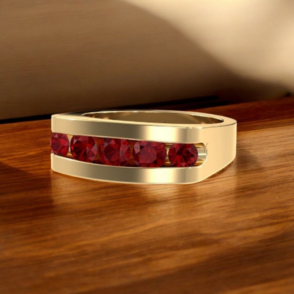 Ruby Round Cut With 14K Solid Yellow Gold Ring For Men's #A204