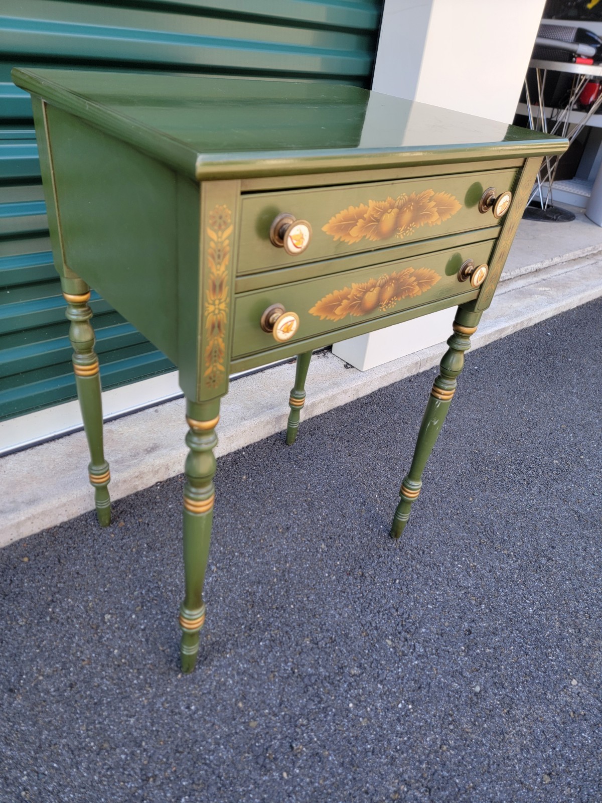 L. Hitchcock 2-drawer End/Side/Work Table Dark Green Stenciled drawers
