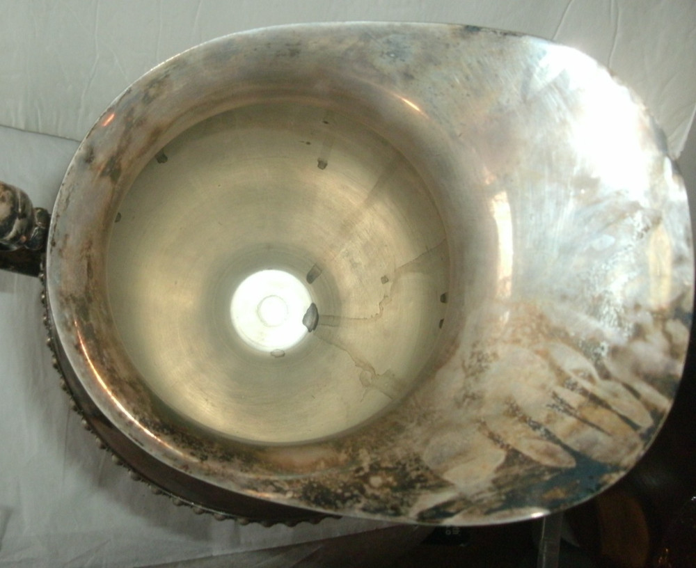 VINTAGE SILVER ON COPPER PITCHER, ENBLEM ON BOTTOM, 9 1/2" TALL