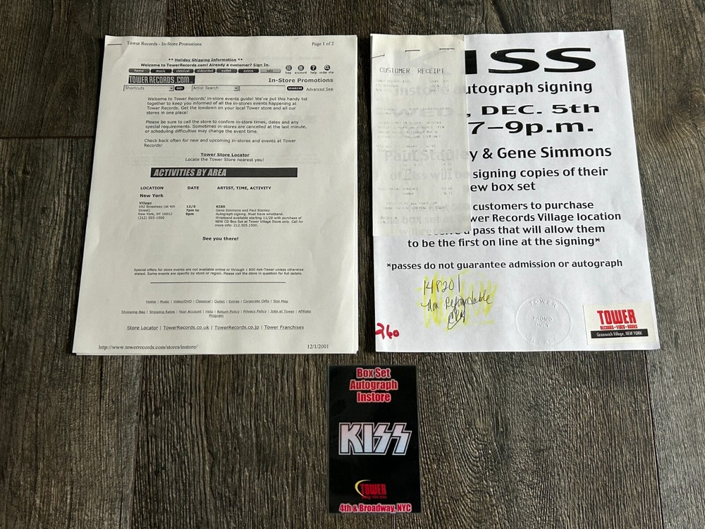 KISS LAMINATE PASS Box Set Paul Gene Instore Tower Records NYC 2001 Vintage Kiss