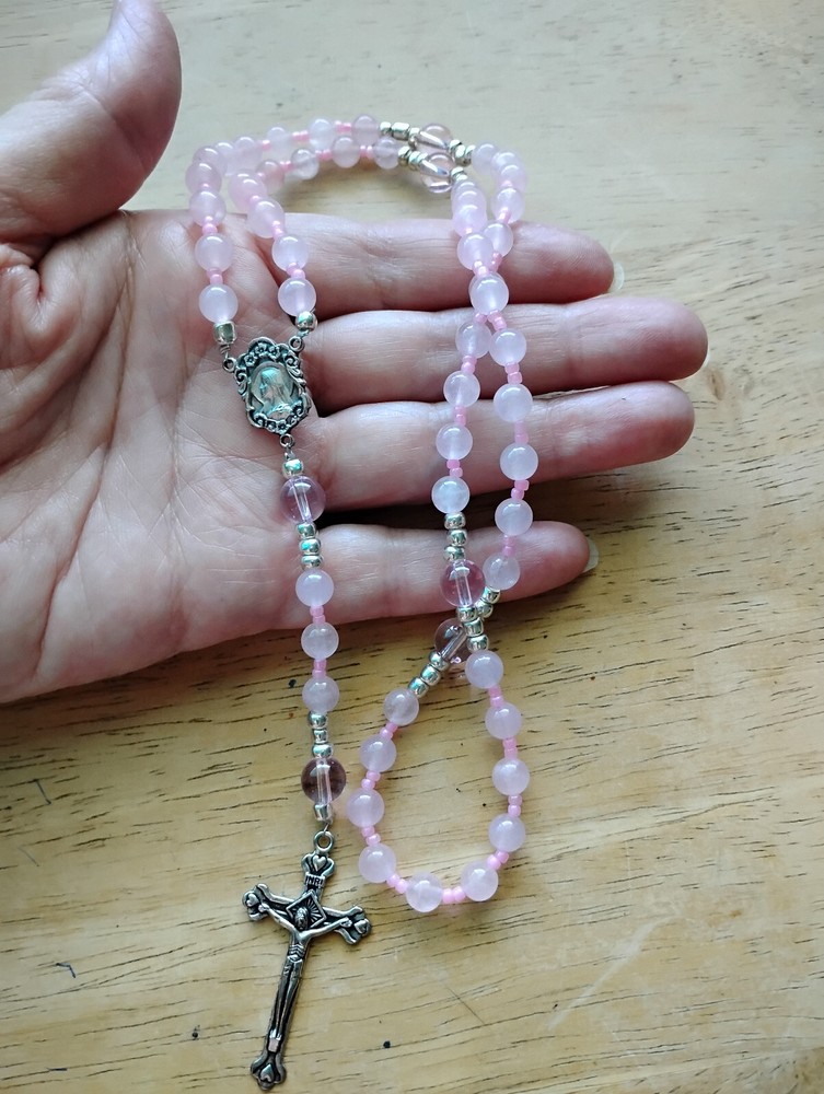 Pink Rose Quartz Gemstone Rosary Beads Italian silver Mary Jesus medal crucifix
