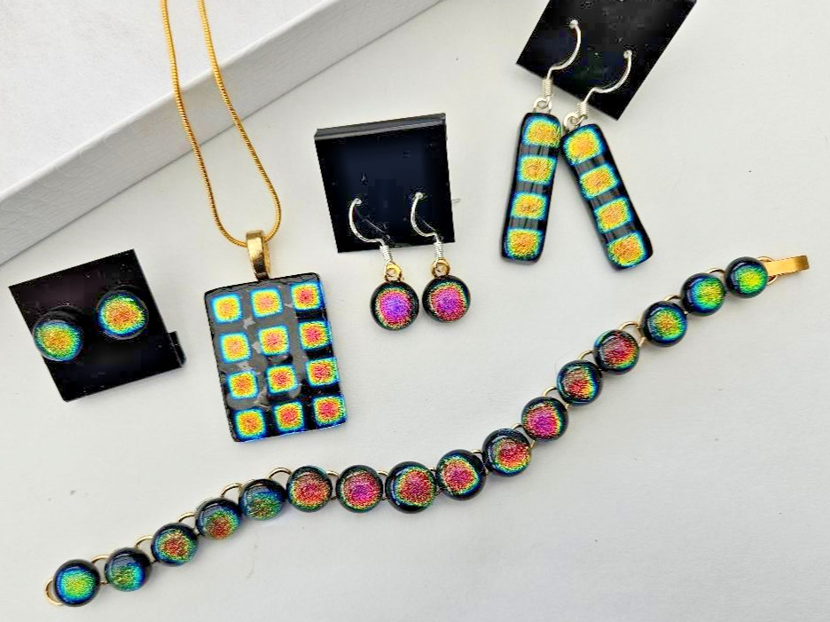 Handcrafted Multicolor Fused Dichroic Glass Pendant, Earrings X 3, Bracelet Set