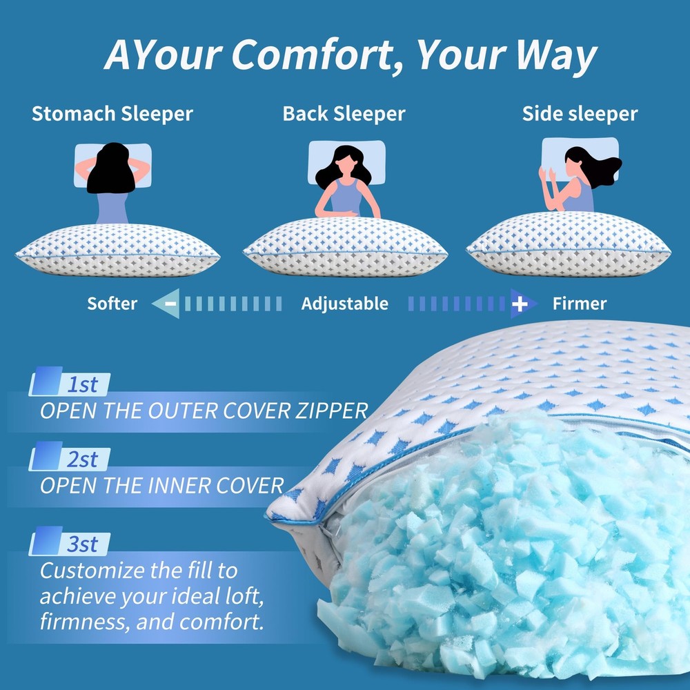 Memory Foam Pillows 2 Pack – Adjustable Loft Cooling Pillows Standard Size Se...