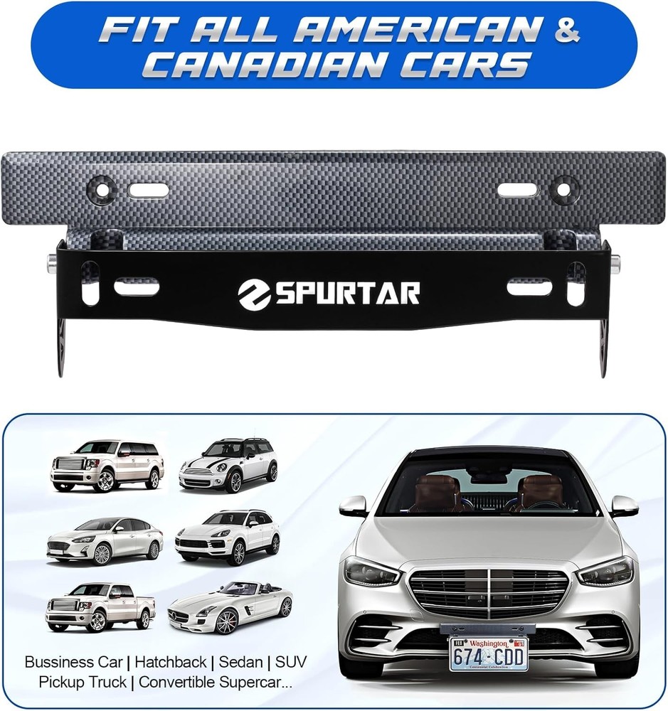 Spurtar License Plate Frames, Adjustable Front Car Holder Black