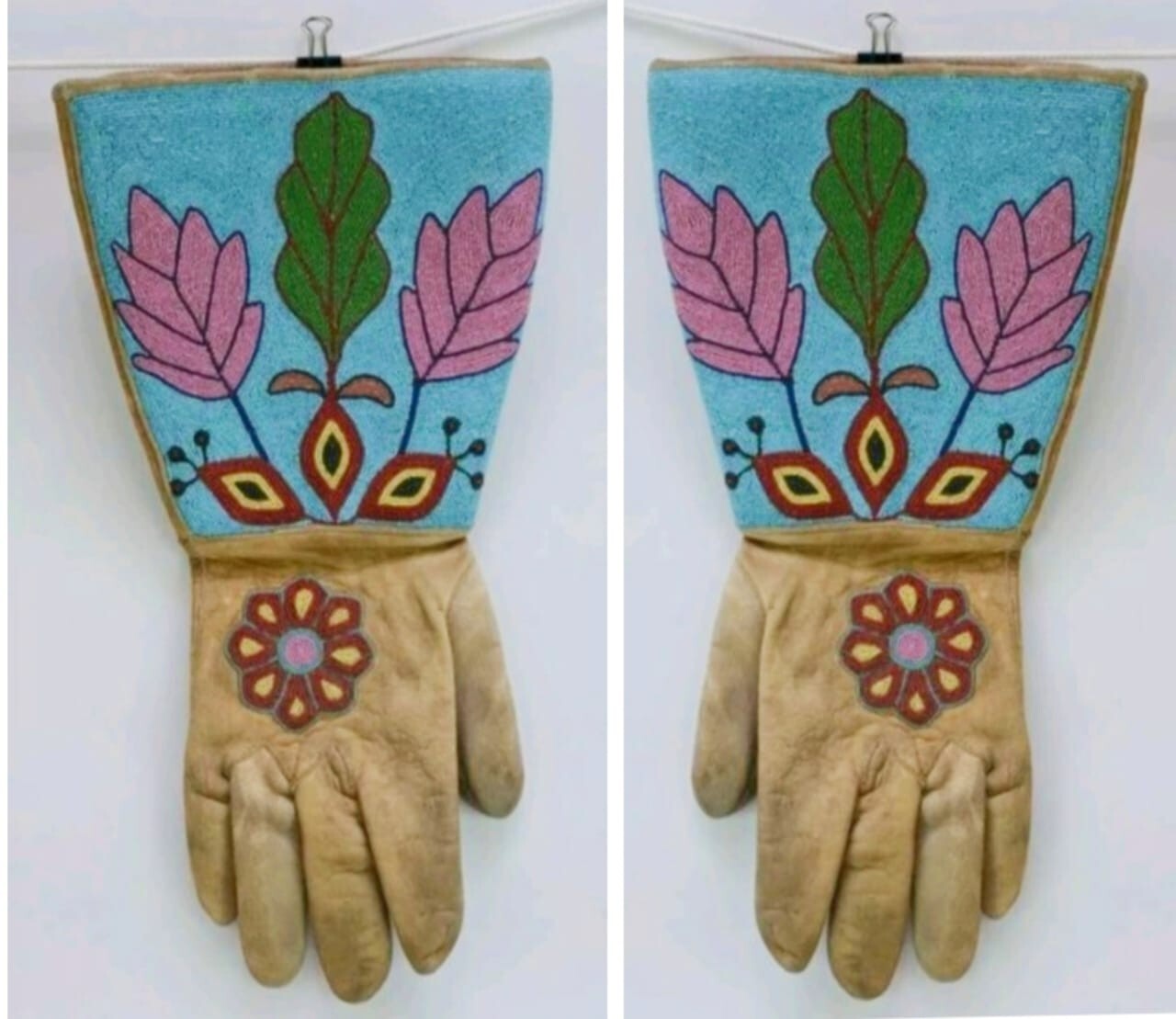 Old American Style Handmade Crow Floral Beaded Leather Gauntlet Gloves G125