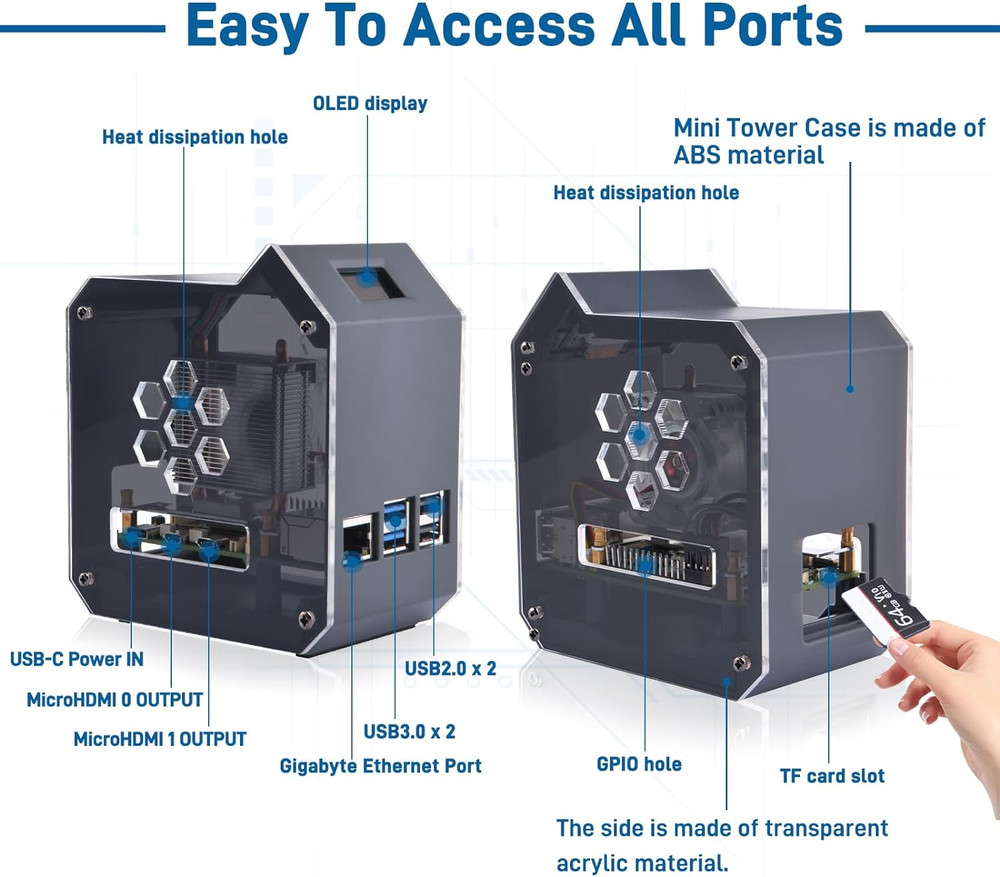 Mini Tower Kit for Raspberry Pi 5, Case with ICE Tower Cooler, 0.96'' OLED Modul