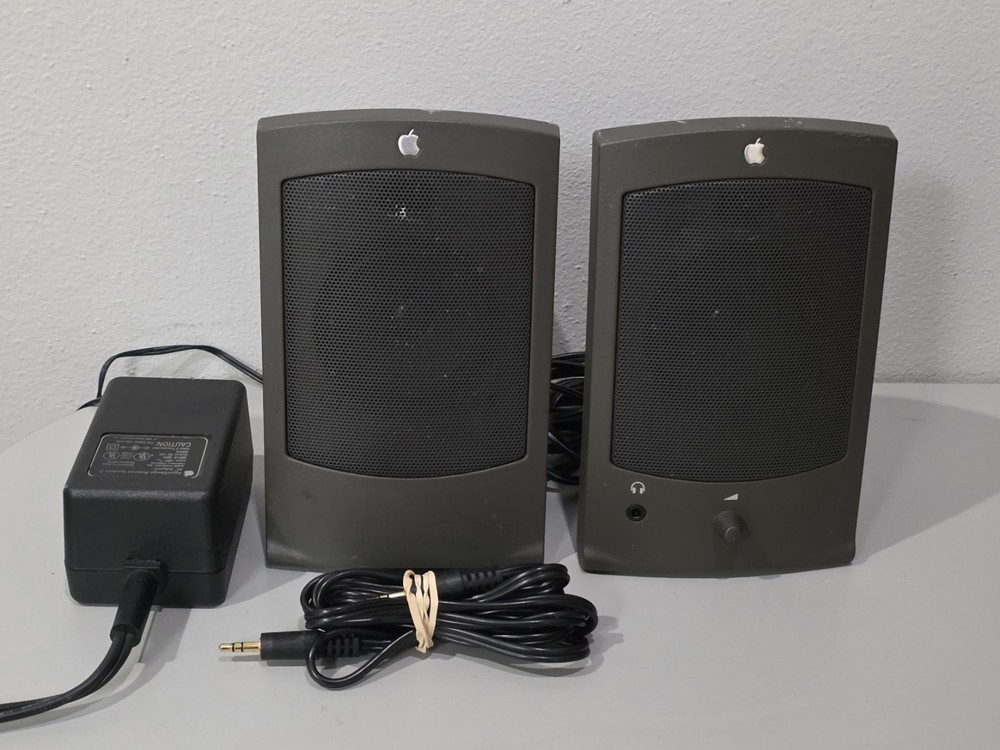 Vintage AppleDesign Wired Apple Computer Speakers M2497 Gray 1993 Pair + Cables