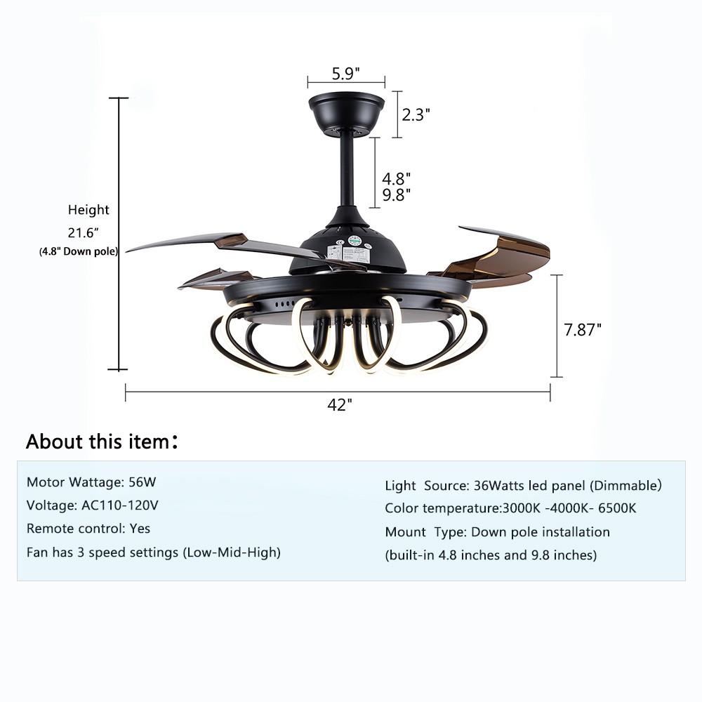 42" Ceiling Fan LED Light Dimmable Remote Control Black 1-8h Timing ABS Blades
