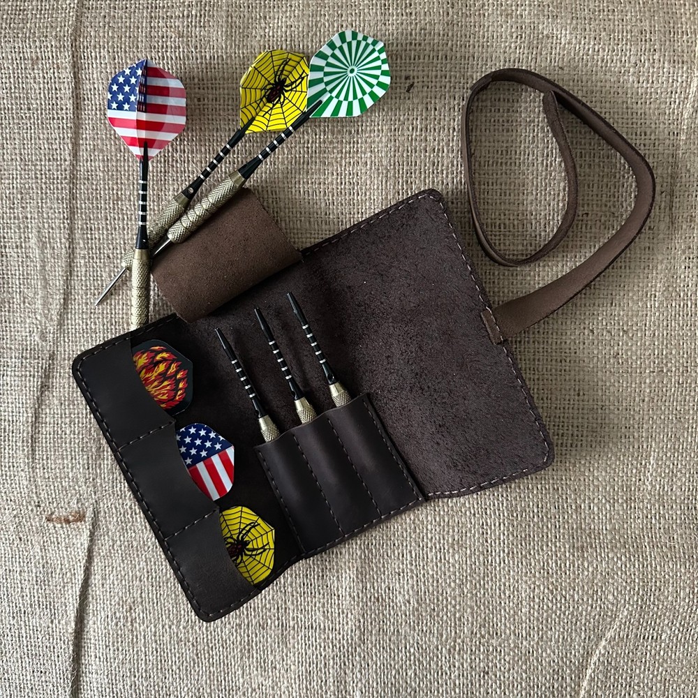 Leather Darts Case Roll Up Dart Holder Handstitched
