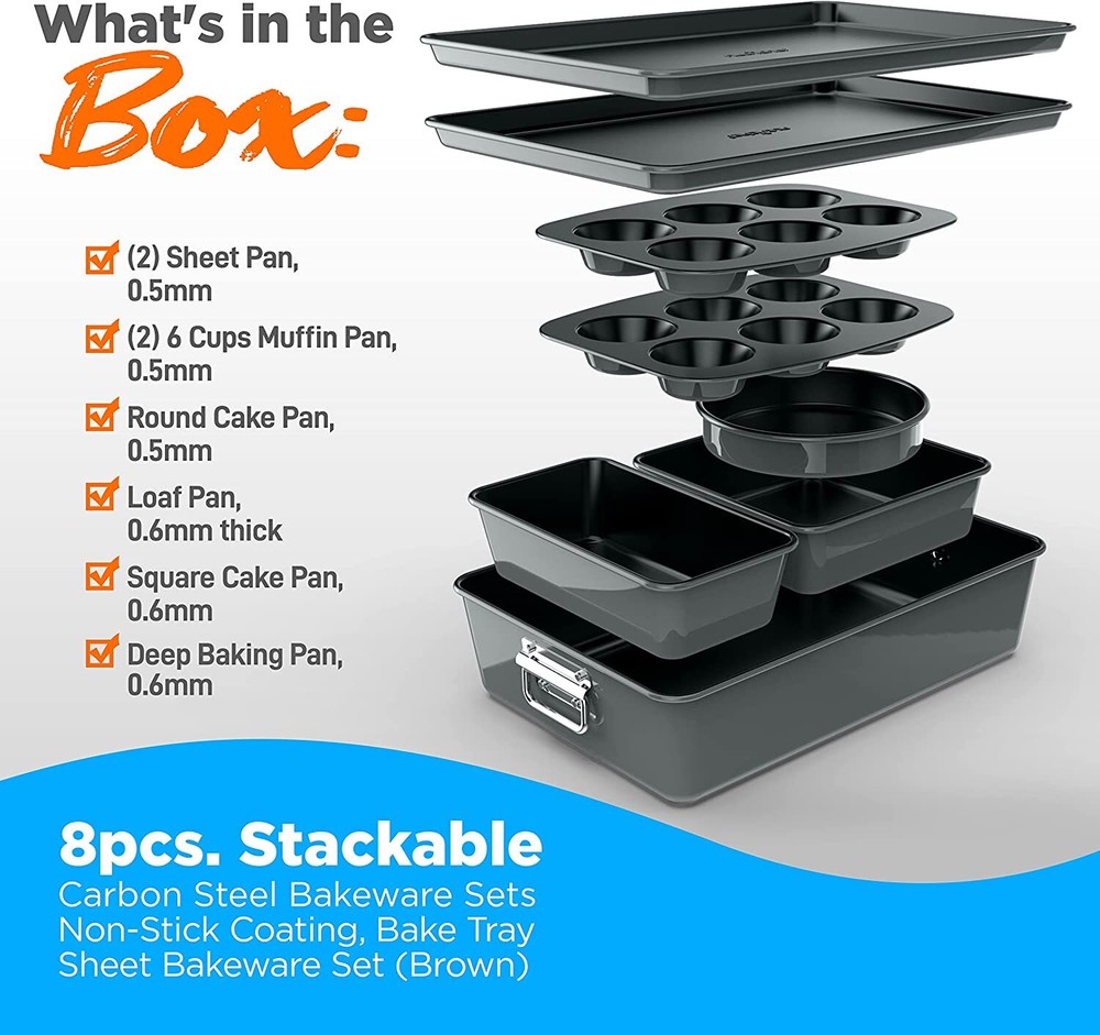Nutrichef NCBKSTK7 8Pc Stackable Carbon Steel Bakeware-Gray