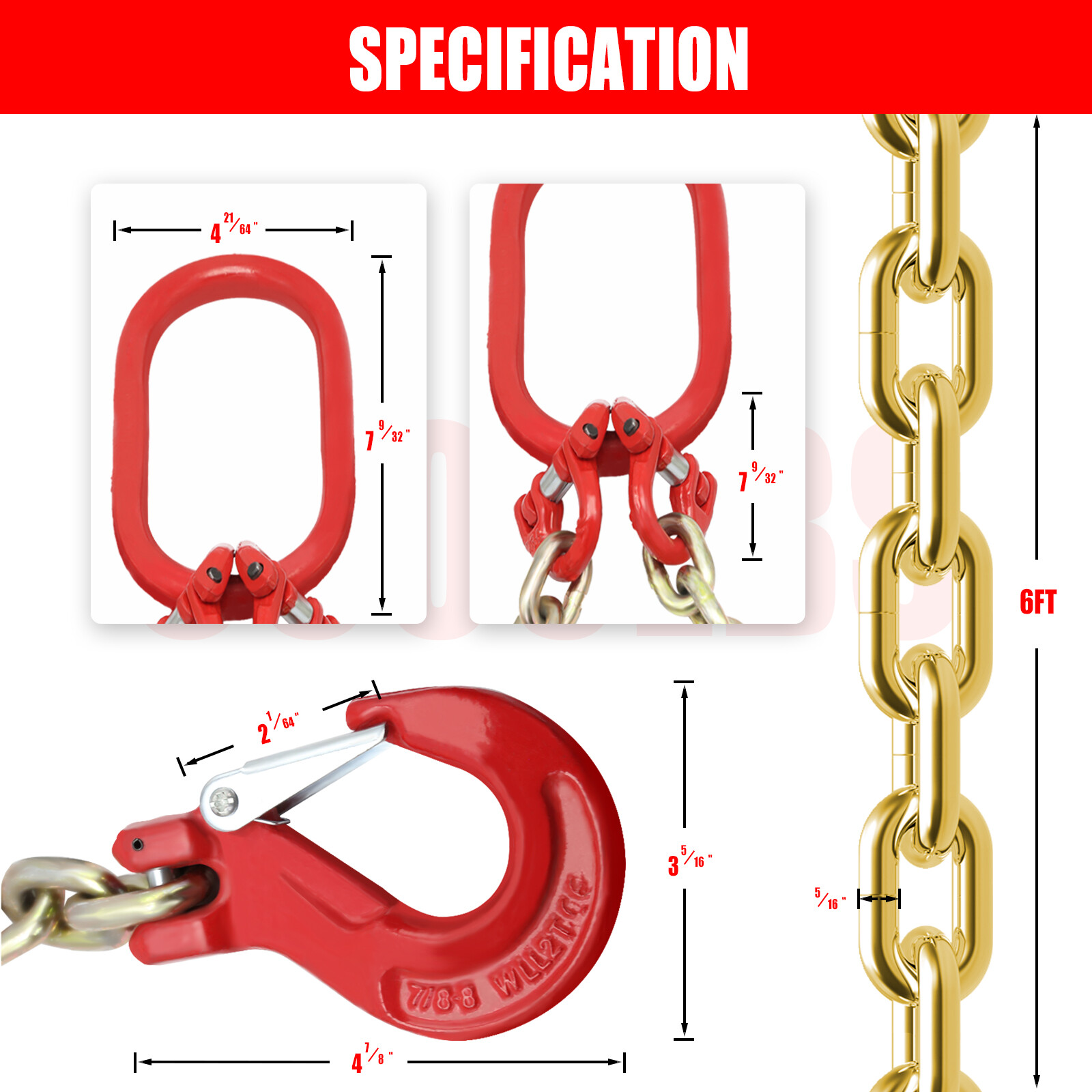 One 5/16"x6' G80 Chain Lifting Sling w/2 Legs 3T/6600lbs Capacity w/ Grab HooK