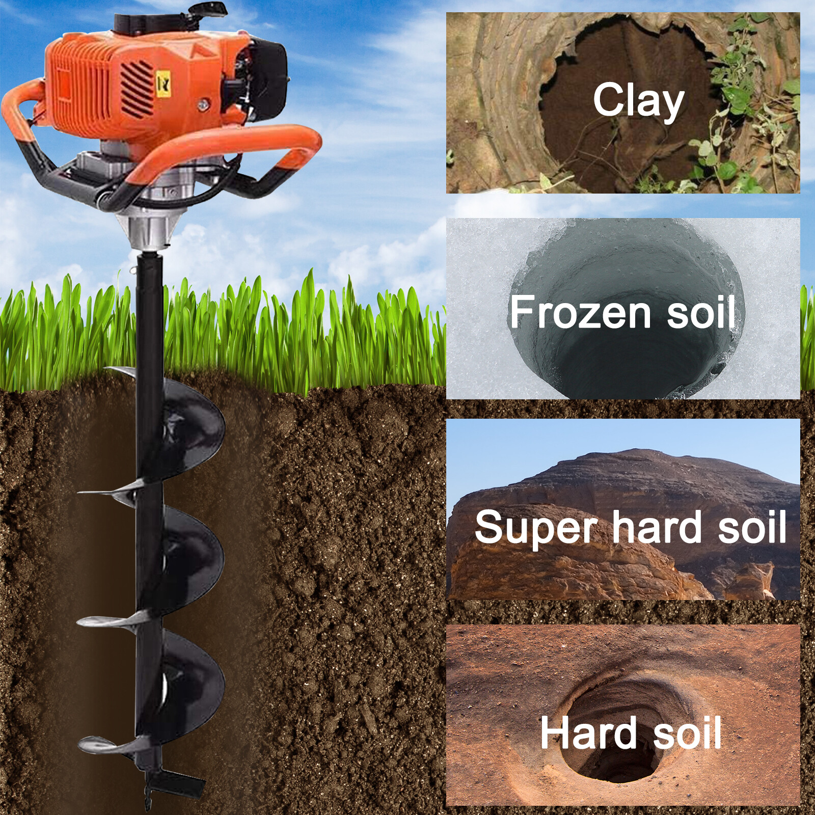 62CC Gas Post Hole Digger w/ 4 Drill Bits (4"-12") & 3 Rods for Garden Use