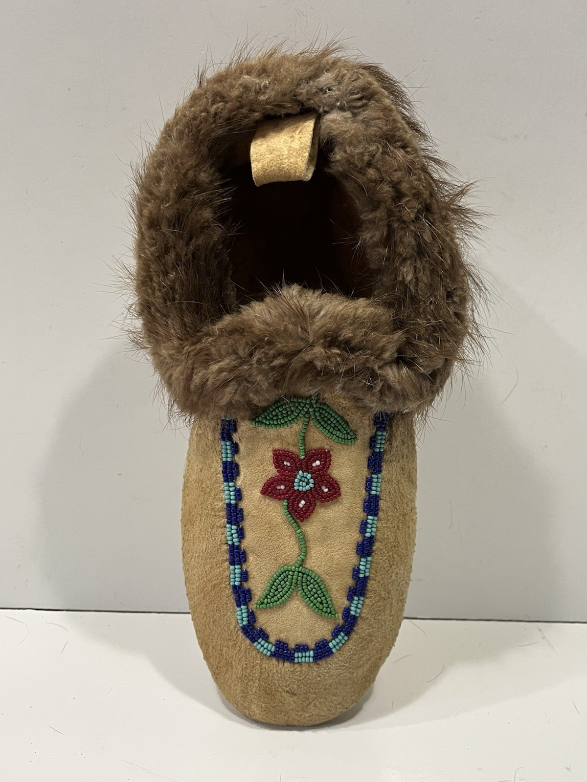 Single Vintage Beaded Indian Moccasin On Hide -Rabbit Fur With Floral Beading