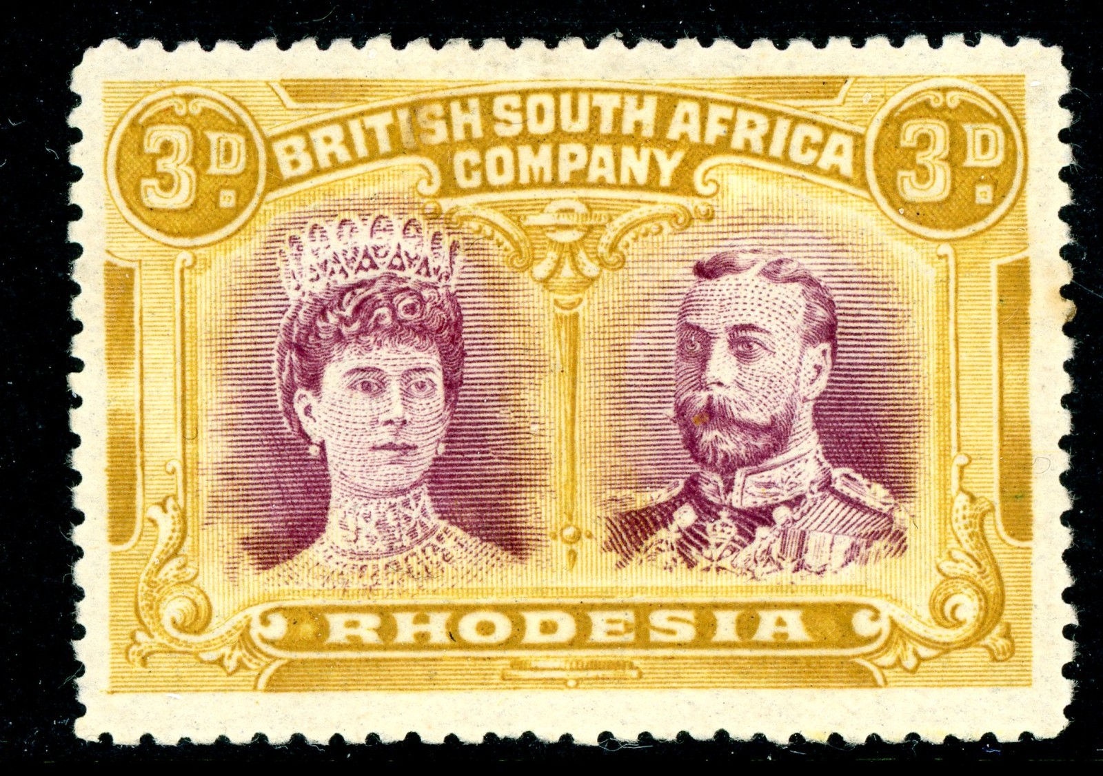 Rhodesia 1910 British KEVII 3p Magneta&YellowOchre Double Head SG#136 Mint S407