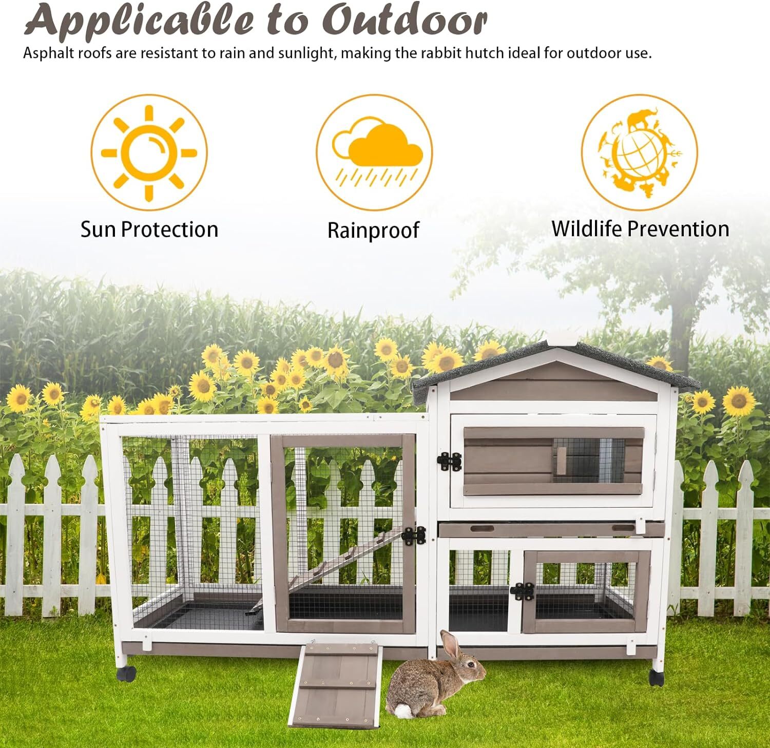 PETSCOSSET Rabbit Hutch Indoor Outdoor 2 Story Bunny Cage Rabbit Cage with Wheel