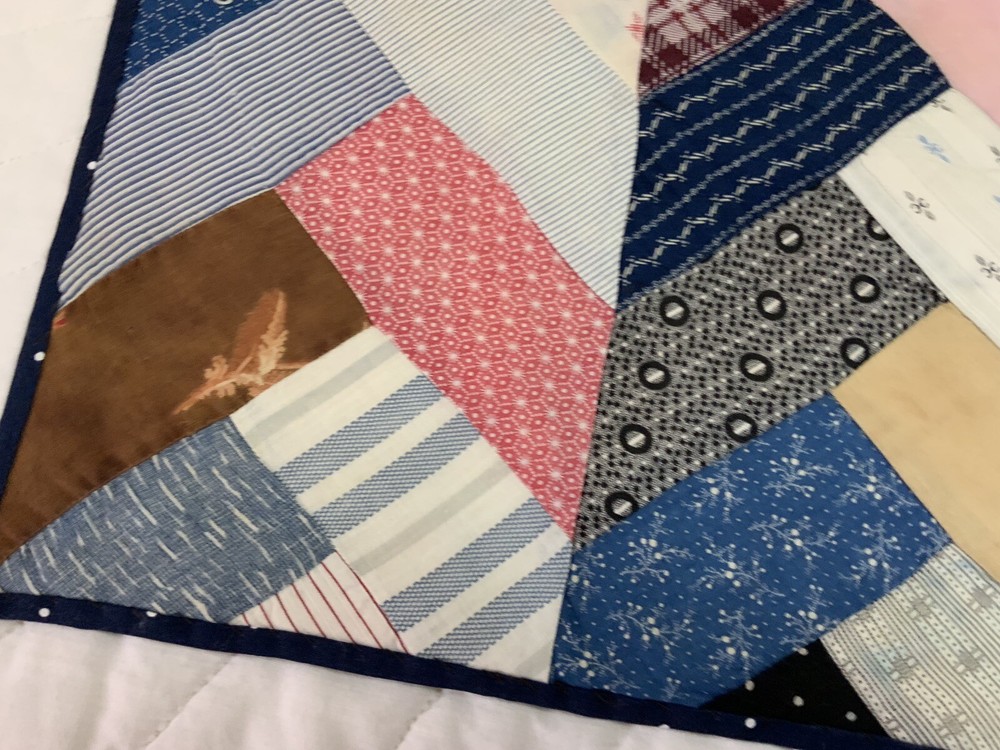 Vintage Patchwork Table Topper Or Doll Crib Quilt, Rectangles, Blue, Multi