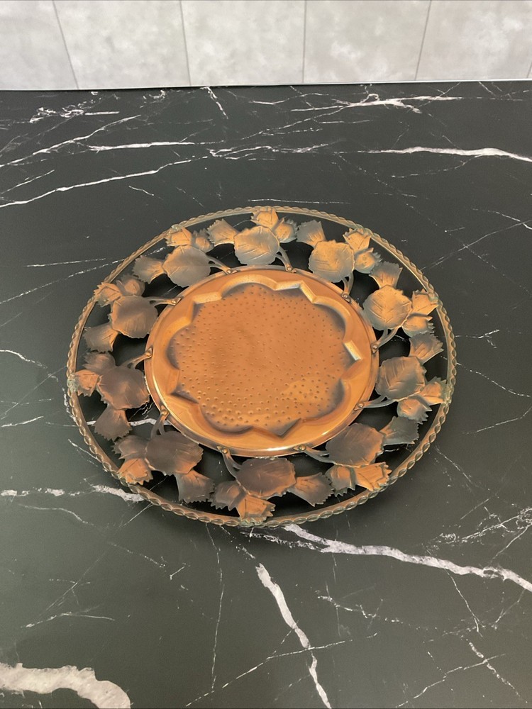 Vintage Copper Platter Bowl With Leaf Design,EUC