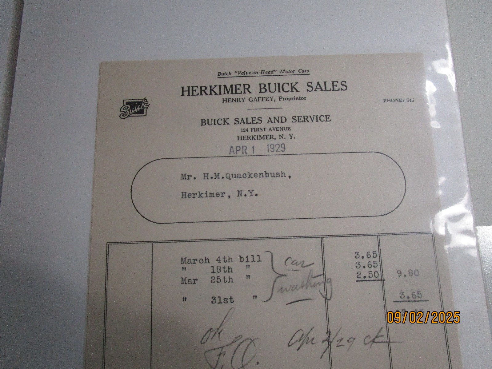 HERKIMER BUICK SALES NY 4/1/1929 LETTER INV EPHEMERA BUY 3 FREE SHIP