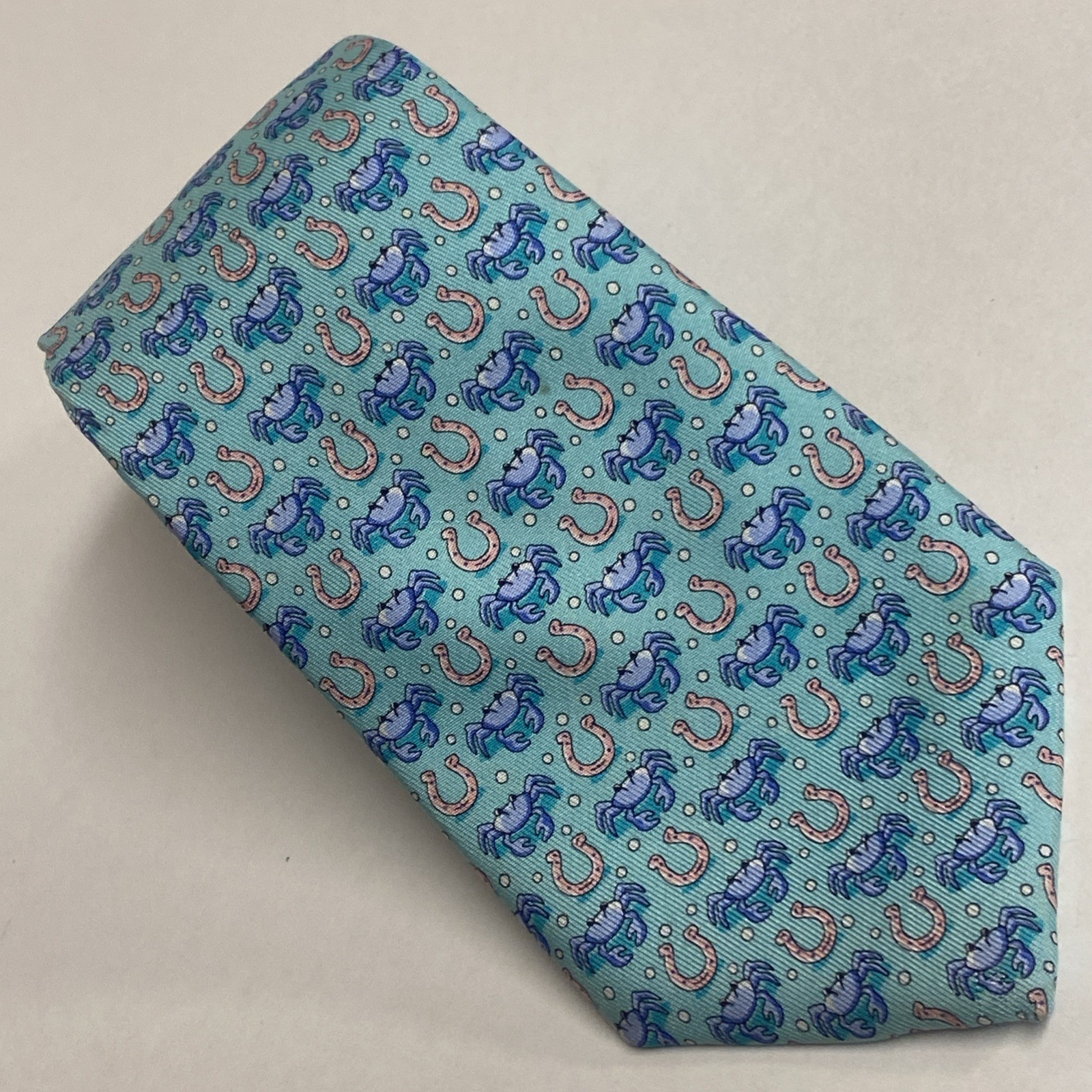 Vineyard Vines Boys Teal Blue Repp Silk Tie Lucky Horse Shoe Crabs 49.5” USA E2