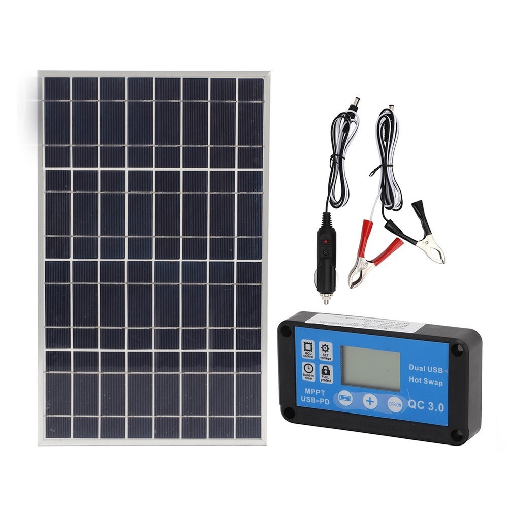 Framed 12V 24V Solar Panel with 60A Waterproof Controller and Battery Clips