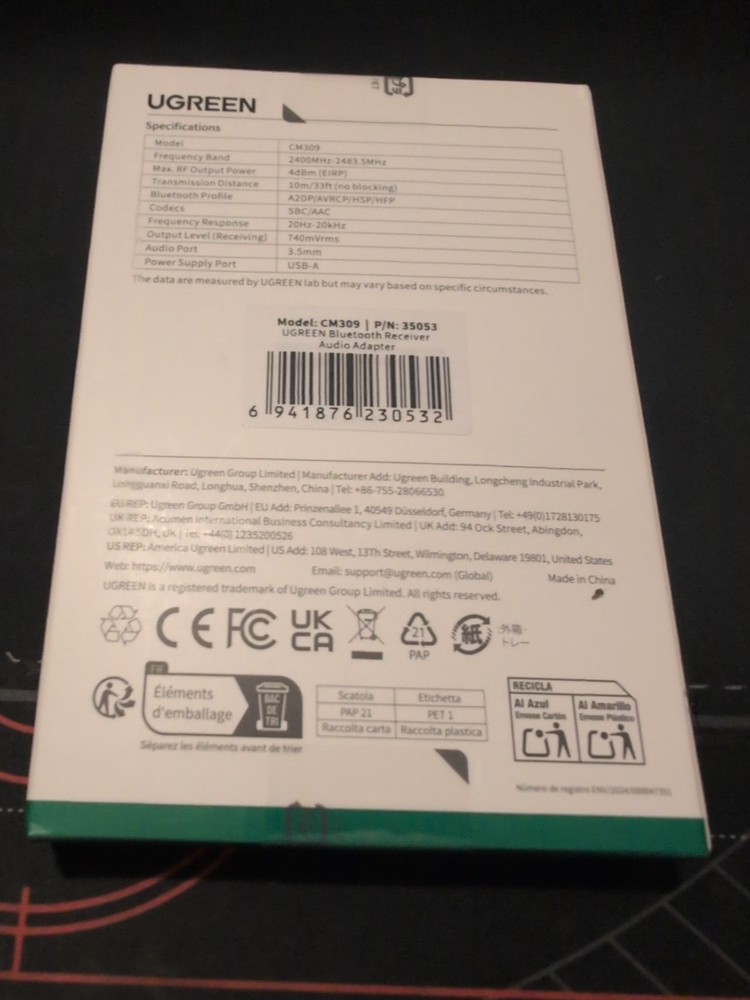 UGREEN Aux to Bluetooth 5.4 Adapter 3.5Mm Bluetooth Receiver for Car USB 2.0 to